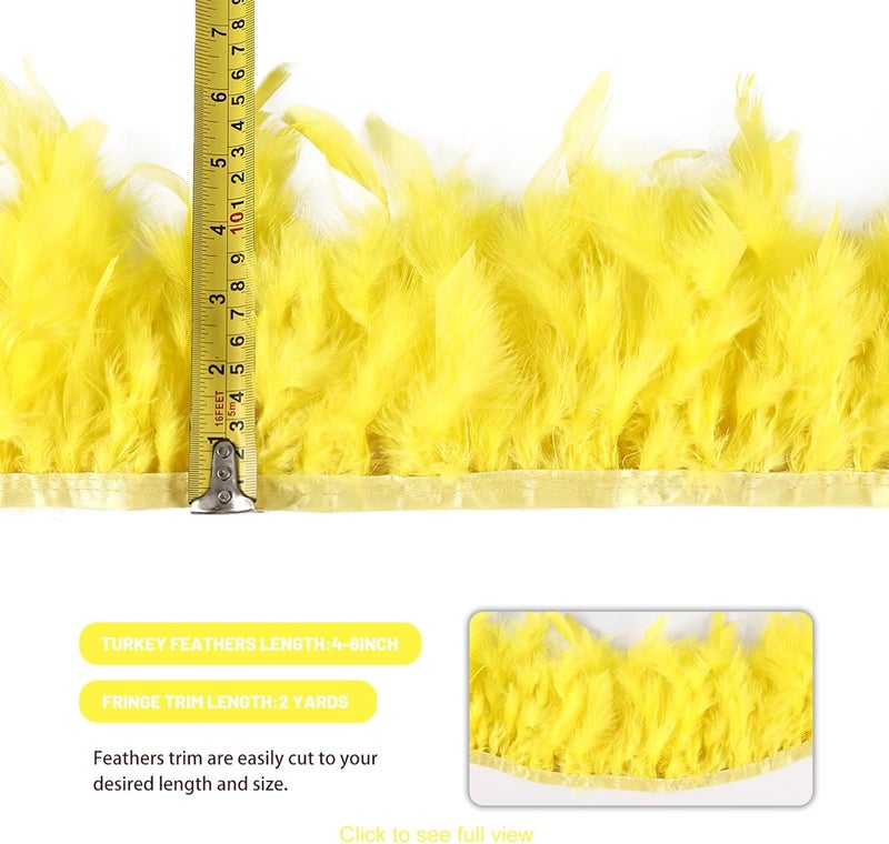 MAOFENG 2 Yards Natural Turkey Feathers Trim Sewing Fringe Fashion Dress Sewing 4-6inch for DIY Handicrafts Costumes Decoration,Yellow - Image 2